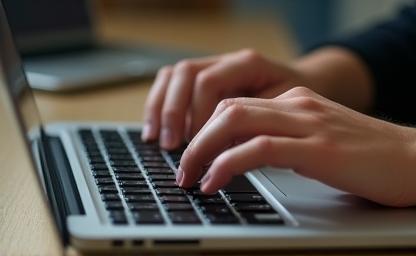 Hands typing on a laptop writing a press release